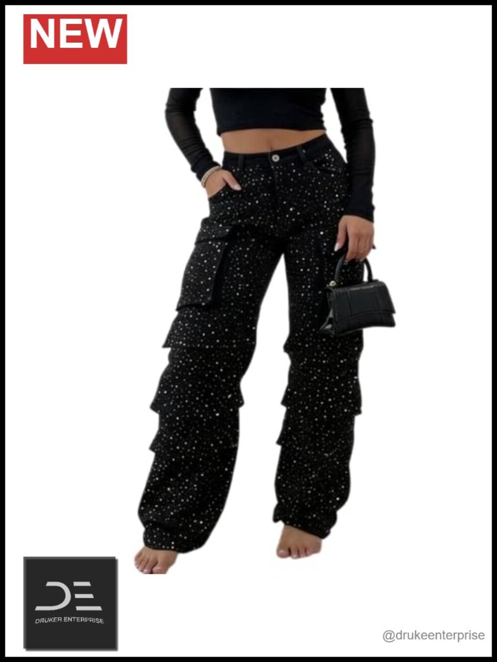 Women's Rhinestone Bedazzled Cargo Jeans High Waisted Sparkle Denim Pants